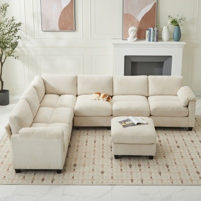 Hyleory 115" Corduroy Oversized Modular Sectional Sofa, U Shaped Couch with Movable Ottoman, Large 7 Seater Corner Sofa for Living Room