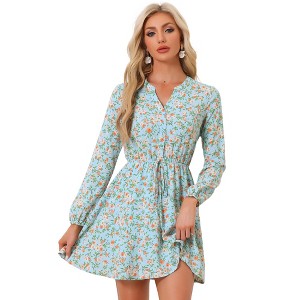 Allegra K Women's Floral Print Button Front Puff Sleeve Tie Waist Shirt Dress - 1 of 4
