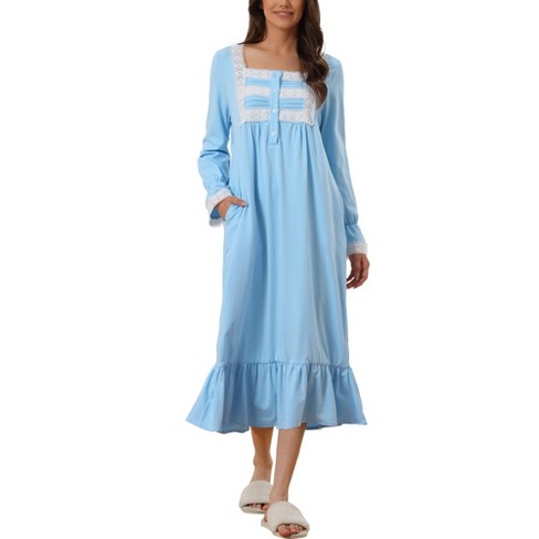 cheibear Women's Victorian Long Sleeve Ruffle Night Gown Sleepwear with  Pockets Blue Medium