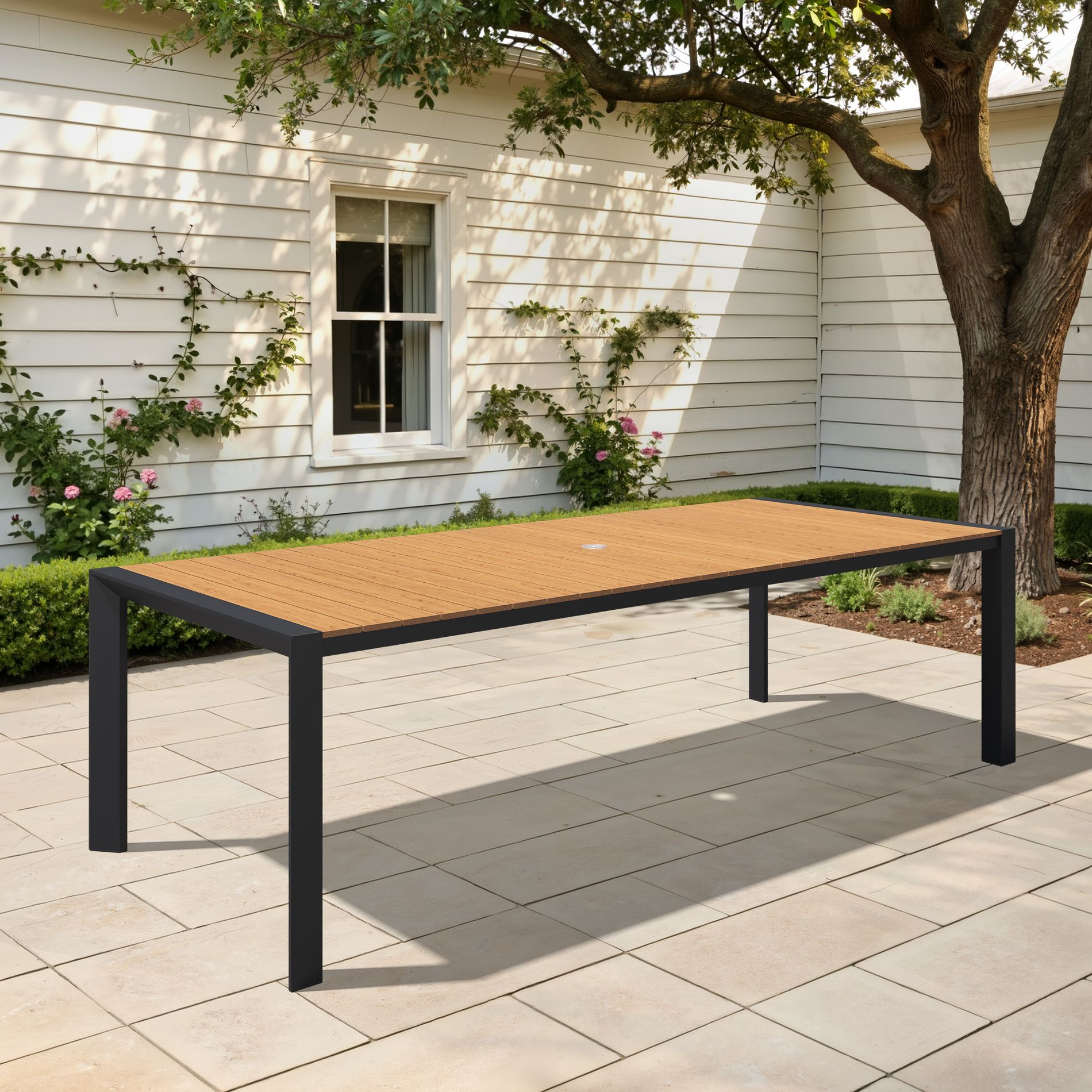Pellebant 94.5in Outdoor Dining Table Rectangular Patio Table Wood-Look Top Aluminum Frame Umbrella Hole Brown