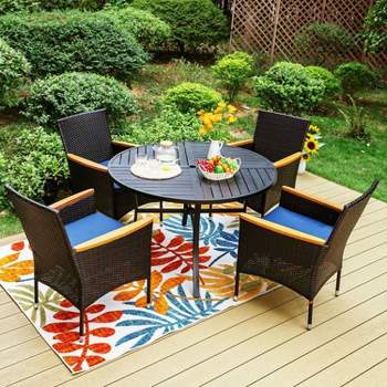 5pc Outdoor Dining Set with Wicker Chairs with Cushions & Round Metal Table with Umbrella Hole - Blue - Captiva Designs