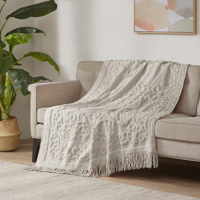 100% Cotton Botanical Tufted Throw Blanket, Bohemian Style Lightweight Breathable Blanket for All Seasons