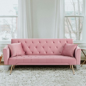 MYINDA Velvet Futon Reclining Sofa Bed with 2 Pillows for Living Room, Convertible 3 Adjustable Sofa Couch with Metal Legs for Small Spaces - 1 of 4