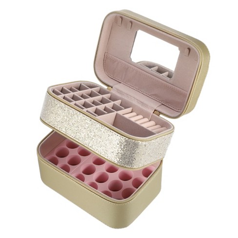 Unique Bargains Double Layer Nail Polish Organizer Case Nylon Pink