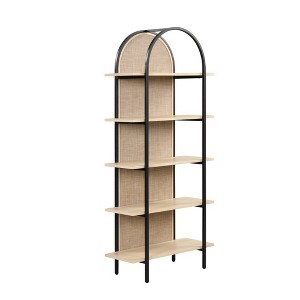 Nathan James 71" Amara Rattan 5 Shelves Etagere Bookshelf Light Oak/Matte Black: Metal Frame, 13+ Age, No Tools - 1 of 4