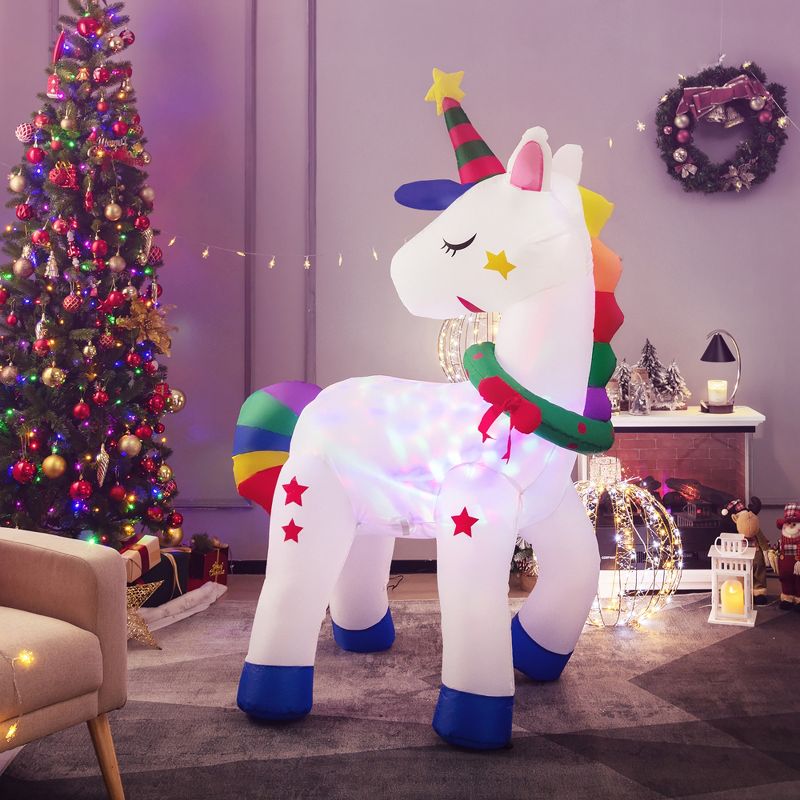Costway 6FT Tall Christmas Magic Unicorn, Inflatable Unicorn Decoration with Rainbow Tails & Christmas Wreath, 2 of 10