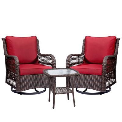 Whizmax 3 Pieces Outdoor Wicker Swivel Rocker Patio Set with Premium Cushions and Armored Glass Top Side Table for Backyard
