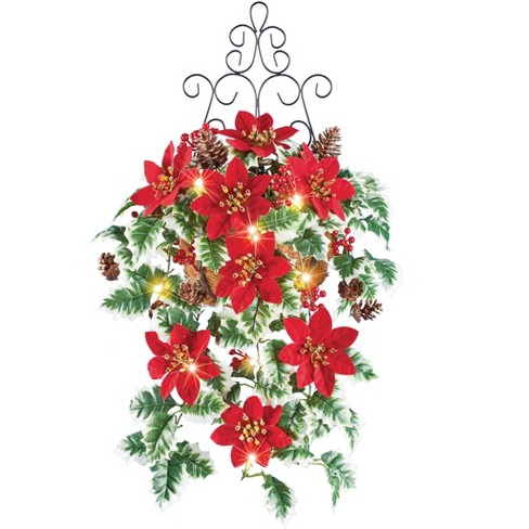 Collections Etc LED Lighted Artificial Poinsettia Metal Wall Basket 14 X 8 X 24 Red - image 1 of 2