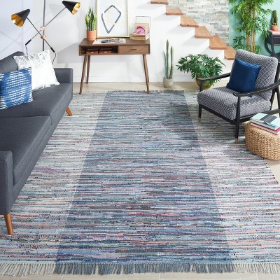 Handmade Flat Woven Purple/Blue Cotton Stripe Rug, 9' x 12'