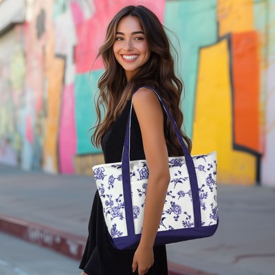 Amethyst Purple Floral Embroidered Cotton Tote Bag