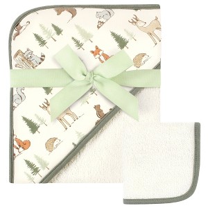 Hudson Baby Infant Boy Cotton Hooded Towel and Washcloth, Forest Animals, One Size - 1 of 2