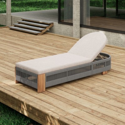 Outdoor Wood Chaise Lounge Chair with Adjustable Backrest and Cushion, Woven Rope Poolside Sun Lounger for Patio or Deck – The Pop Home