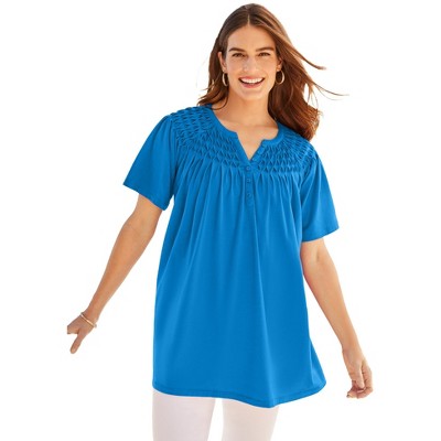 Woman Within Plus Size Smocked Split Neck Tunic