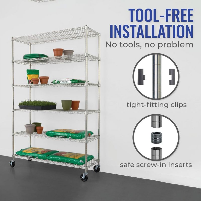 SafeRacks 6 Tiered Storage Shelves with Heavy Duty Steel Wire Shelving Unit, Wheels, and Adjustable Feet for Pantry Shelf or Garage, White, 4 of 7