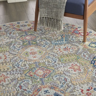 Global Vintage Easy Care 6' Round Grey Synthetic Area Rug