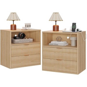 Fluted Farmhouse Night Stand with Charging Station, 23" Mid-Century Modern Nightstand, 2 Drawers End Table - 1 of 4