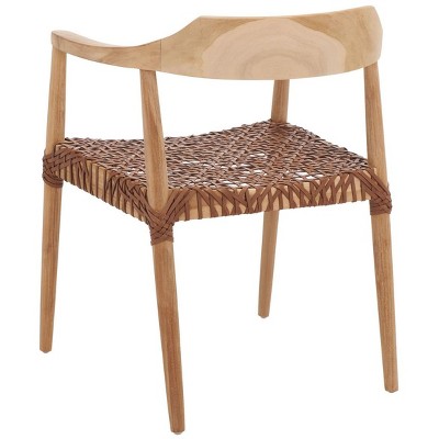 Mid-Century Teak Wood & Woven Leather Accent Chair in Natural Finish
