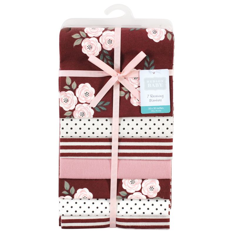 Hudson Baby Infant Girl Cotton Flannel Receiving Blankets Bundle, Burgundy Floral, One Size, 2 of 7