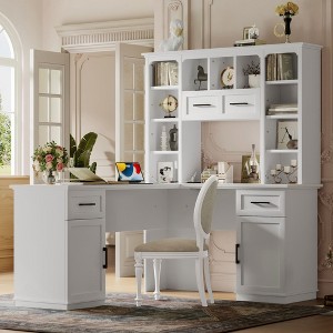 PAGED L-Shaped Computer Desk with 2 Cabinets and 2 Drawers, 11 Open Shelves and 1 Right Flip Shelf with Storage, with Power Outlet, White - 1 of 4