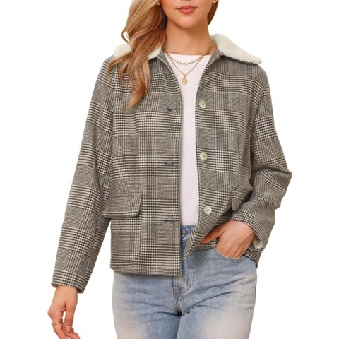 INSPIRE CHIC Women's Houndstooth Peter Pan Collar Long Sleeve Button Down Vintage Winter Jacket Brown Small