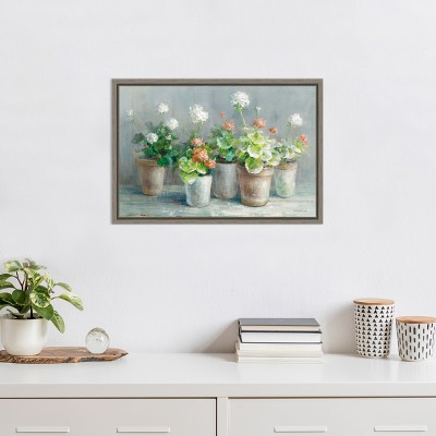 Farmhouse Geraniums in Vases Canvas Wall Art with Grey Frame