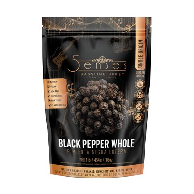 5Senses Black Pepper Whole | Bassline Burst | Single Origin | Non-GMO, Fairtrade (16oz/454g) Resealable Bag