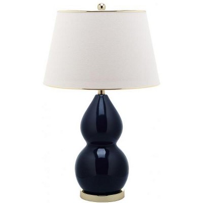 Navy Ceramic Double Gourd Table Lamp Set with Off-White Shades