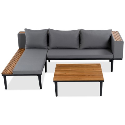 TIRAMISUBEST L-Shaped Acacia Wood Patio Set - 5-Piece Outdoor Sectional with Removable Cushions, Coffee Table & Side Table,Gray