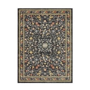 Coolmee Living Room Rugs Washable Boho Vintage Floral Soft Non Slip Rug Low Pile Carpet for Bedroom Dining Room Office Decor Indoor Black - 1 of 4