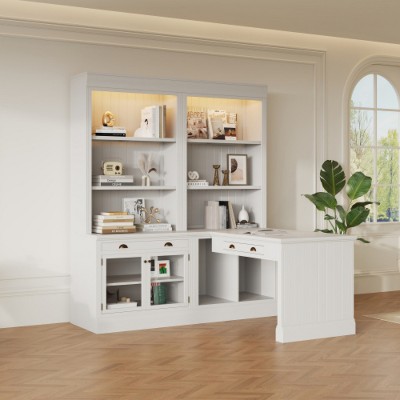 83.4-inch tall bookcase and desk combination with LED lighting, drawers, desk, and open shelves, white