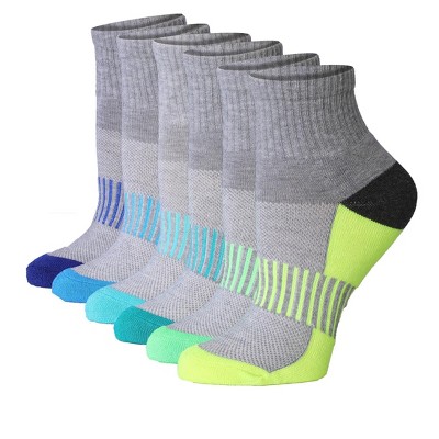 Tipi Toe Women's 6-Pairs Running & Athletic Sports Performance Grey-blue/Green/Yellow Sole Colors Patterned Quarter Socks