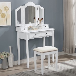 Roundhill Furniture Sanlo Wooden Vanity, Make Up Table and Stool Set, White - 1 of 4