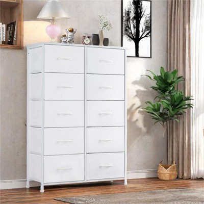 GlasFlength Decorative Storage Cabinets Tall Dresser Fabric Storage Tower ,Wooden Top for Kid Room, Closet, Entryway, Nursery, White 31.4"*11.8"*45.6"