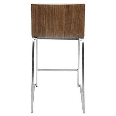 Elegant 26" Mara Modern Counter Stool in White Faux Leather and Walnut