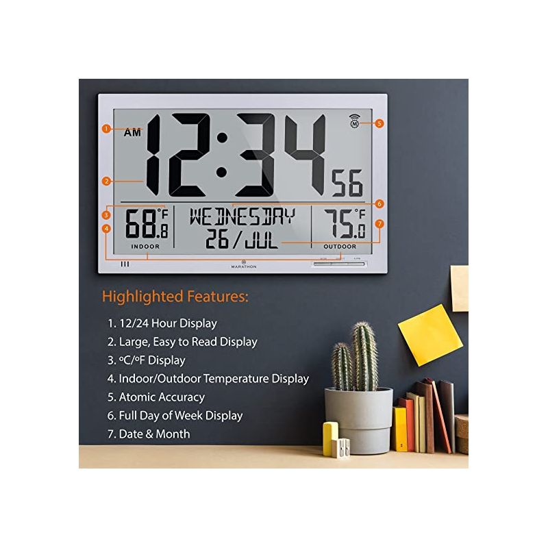 Marathon Atomic Full Calendar Large Digits Digital Clock Indoor And Outdoor Temperature, 2 of 8