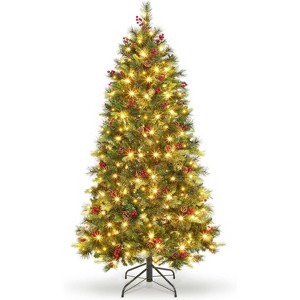 Acekool 6FT Prelit Pencil Tree, Green Artificial Tree with Pine Cones, Holly Berries, 250 Warm Lights, Auto-Hinge, Metal Stand, for Porch Office - 1 of 4