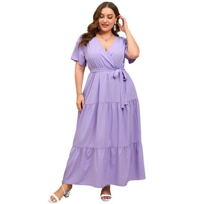 Womens Plus Size V Neck Wrap Maxi Dress High Waist Ruffle Summer Casual Dress with Belt