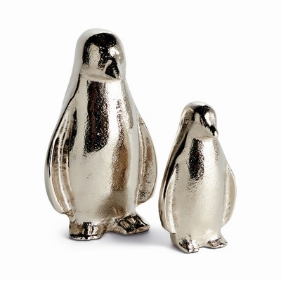 Plum & Post Penguin Pair - Silver Aluminum Sculptures, Set of 2