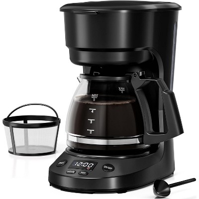 R.W.FLAME 5-Cup Compact Drip Coffee Maker with Reusable Filter, Easy to Use and Convenient, Black, with Auto Pause and Serve Feature, Glass Carafe