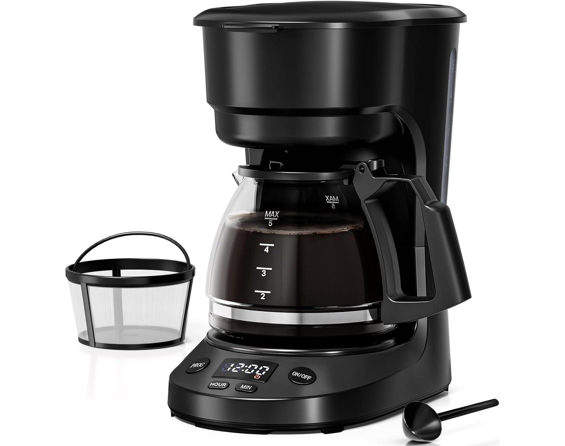 5-Cup Compact Drip Coffee Maker with Reusable Filter, Easy to Use and Convenient, Black, with Auto Pause and Serve Feature, Glass Carafe