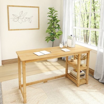 Plank+Beam Solid Wood Desk with Bookshelves for Computer, Gaming, Study, Desk for Home Office, 55"