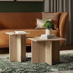 Stead Square Fluted Nesting Coffee Table - Low Profile 2 Piece Square Coffee Table Set - Living Room Furniture (Natural Oak) - 1 of 4