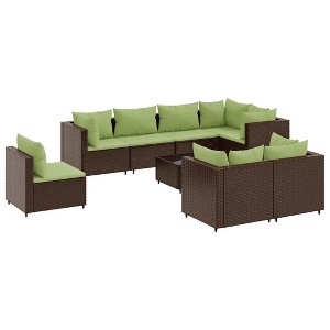 vidaXL Patio Lounge Set - 9 Piece Brown Poly Rattan Sectional Sofa with Glass Table and Green Cushions for Outdoor, Garden, Terrace - 1 of 4