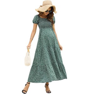 Maternity Dress Women's Smocked Square Neck Puff Sleeve Ruffle Maternity Maxi Dress for Baby Shower or Casual Wear PinkDLN S - 1 of 1