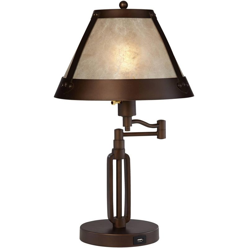 Franklin Iron Works Samuel Industrial Desk Lamp 21 1/4" High Bronze Swing Arm with USB Charging Port Natural Mica Shade for Bedroom Living Room House, 1 of 11