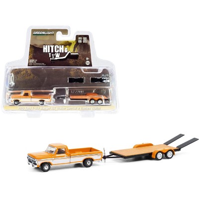 1976 Ford F-150 Ranger XLT Trailer Special Pickup Truck Orange & White & Flatbed Trailer 1/64 Diecast Model Car by Greenlight