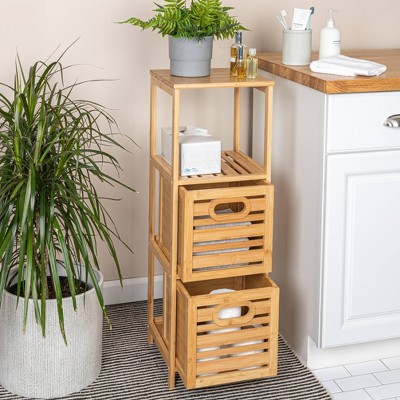 Natural Bamboo 3-Tier Slatted Shelf with Storage Crates