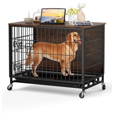 Whizmax Dog Crate Furniture, Wooden Dog Kennel with Removable Tray and Wheels, Heavy-Duty Double Dog Cage End Table for Large Dogs