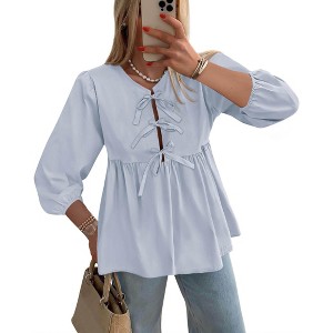 Women's Babydoll Tops 2025 Spring Trendy 3/4 Length Puff Sleeve Bow Tie Front Cute Peplum Blouses Shirts - 1 of 2