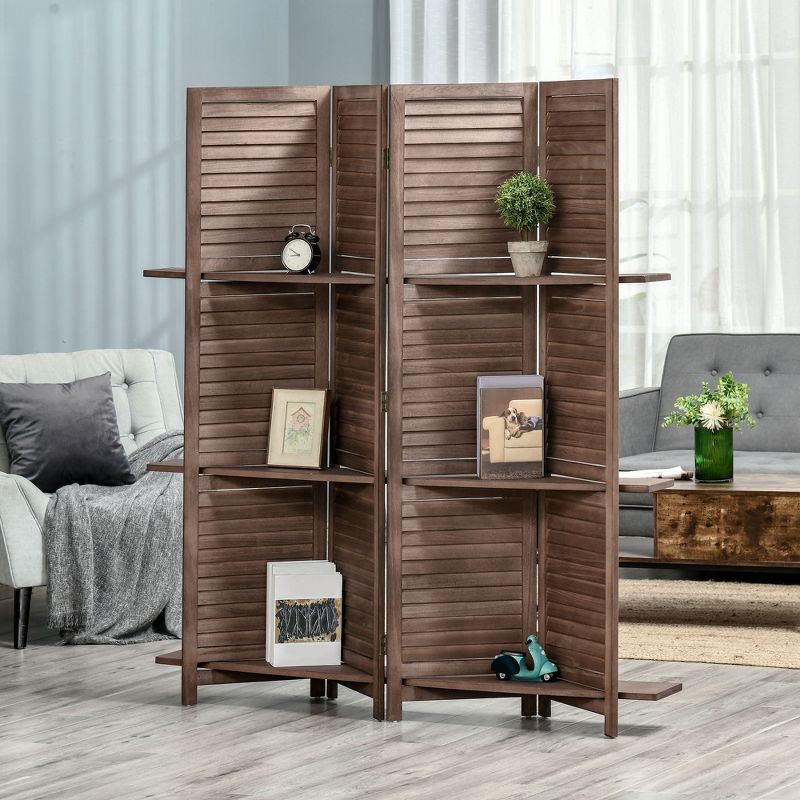 HOMCOM 4-Panel Folding Room Divider, 5.6 Ft Freestanding Paulownia Wood Privacy Screen Panel with Storage Shelves for Bedroom or Office, 3 of 7